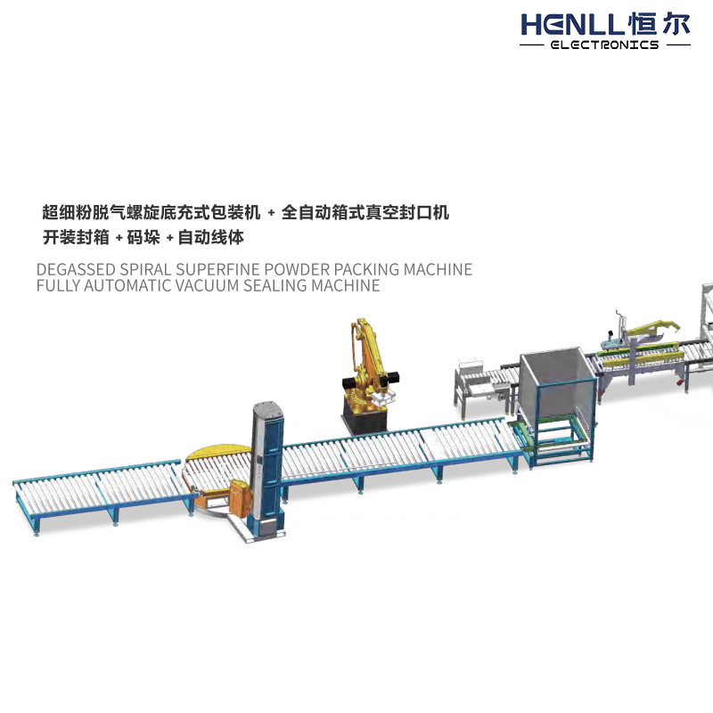 粉体全自动化生产线：包装+封口+缠绕+装箱+缠绕